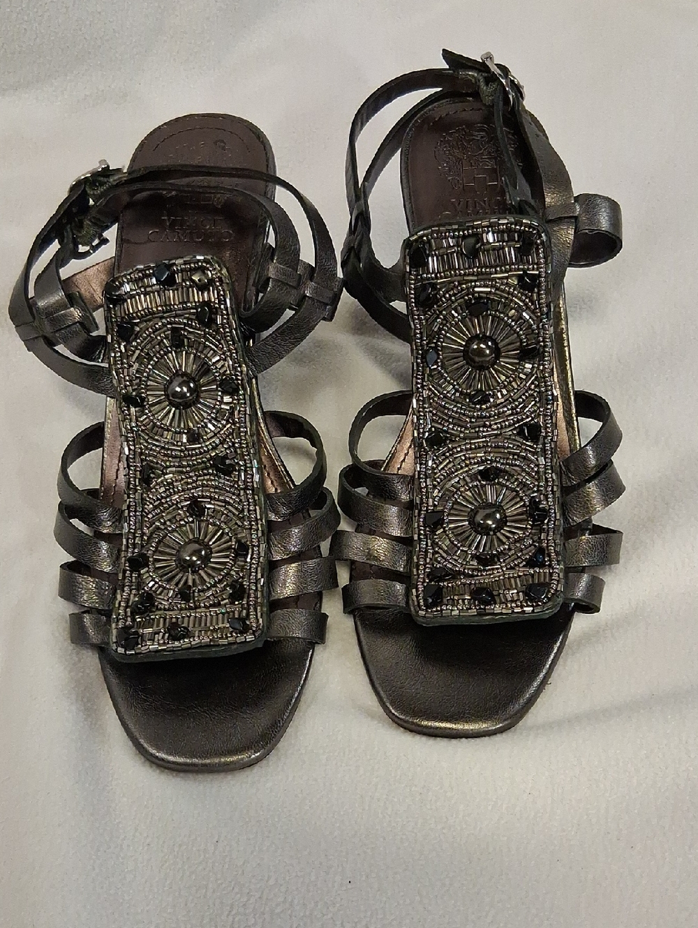 Vince Camuto Gunmetal Beaded Strappy Sandals 3 1/2 In.wedge Heel..on The Town